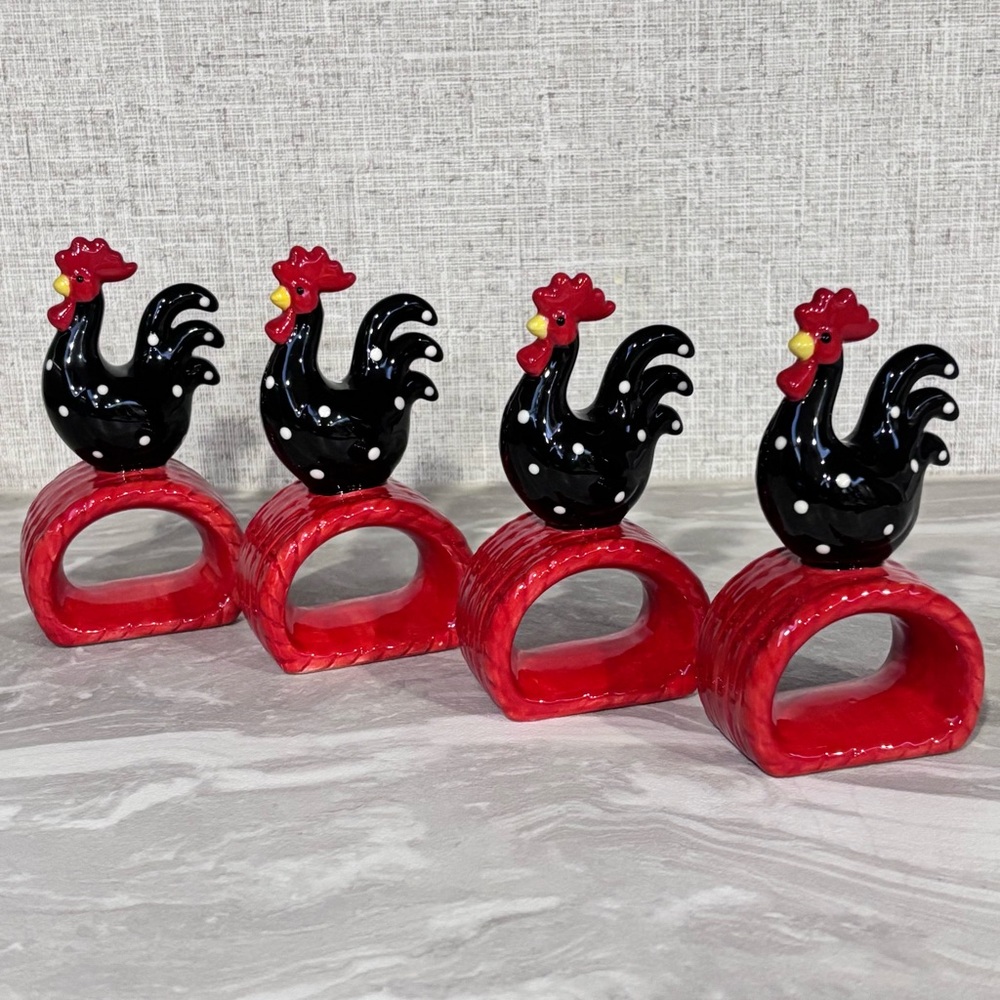 Hand Painted Rooster Napkin Rings Set Of 4 Porcelain Ceramic Country Farmhouse